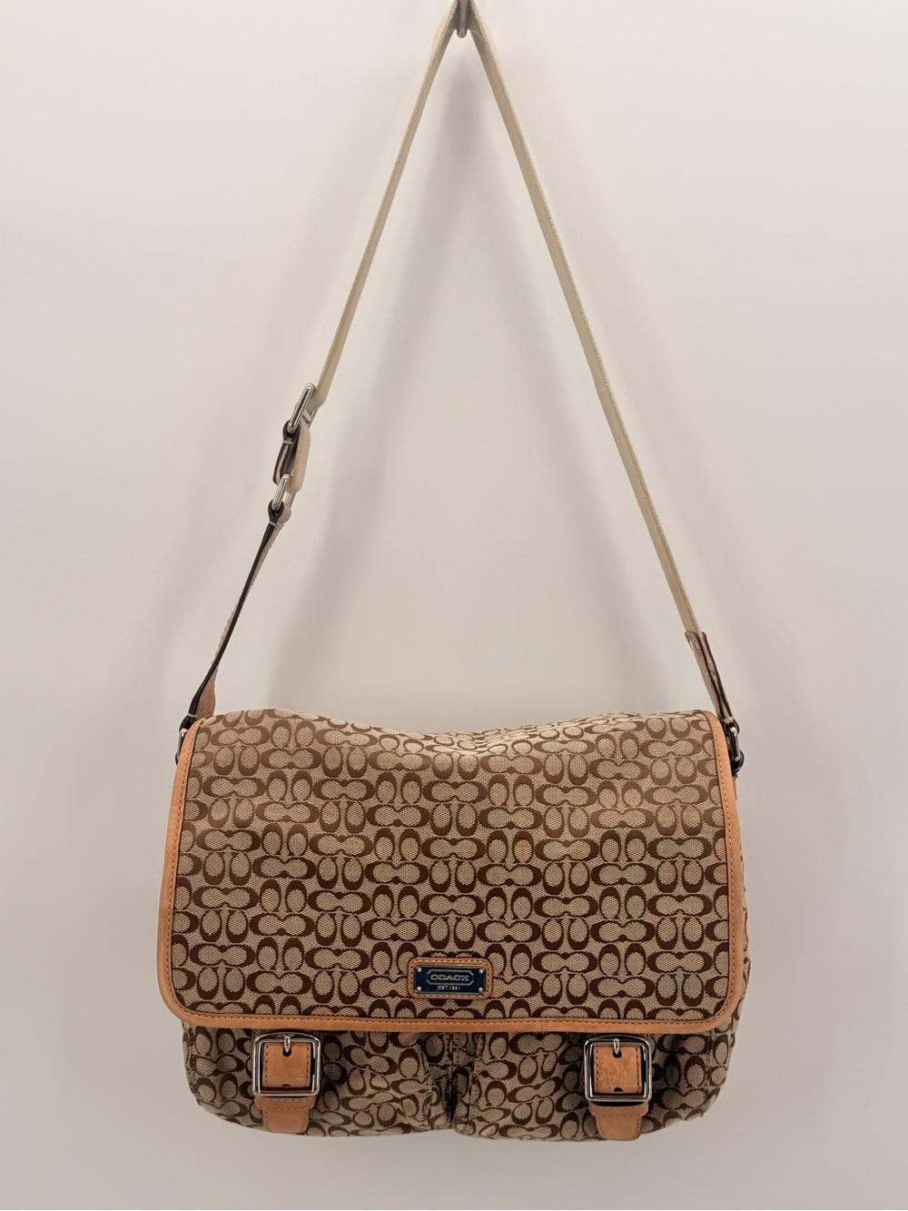 COACH Signature Jacquard Messenger Shoulder Bag Tan Brown